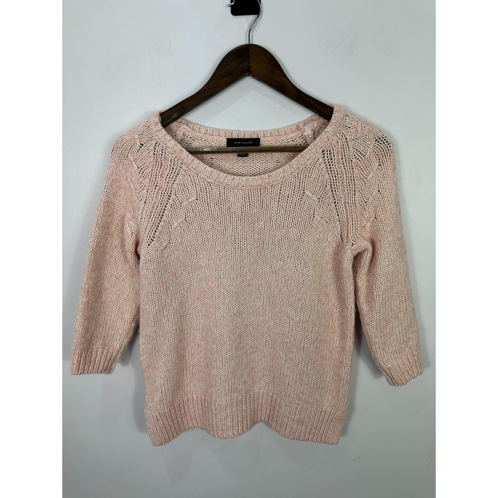 Ann Taylor Pink Marled Knit Sweater Small 3/4 Sleeve Pointelle Pastel Softcore S